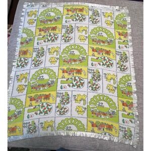 Vintage Baby Blanket Nursery Print Satin Trim – Animals & Train Pattern 36 x 45